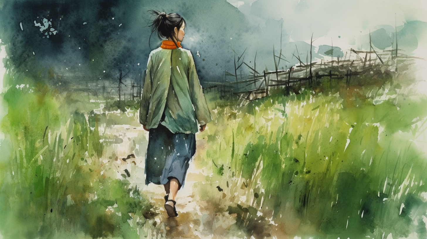 Painting of woman walking in grassy trail.