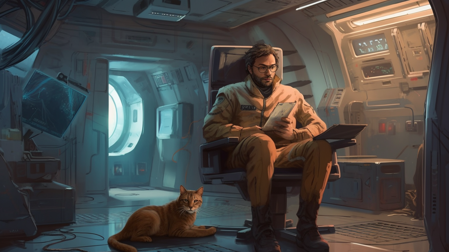 Man and cat in a spaceship.